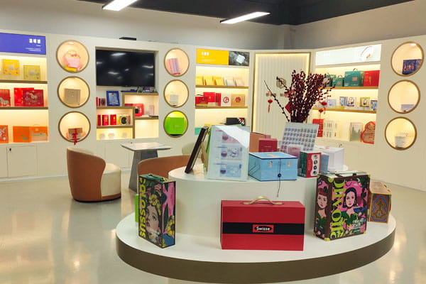 Packaging factory showroom in China with branded box samples