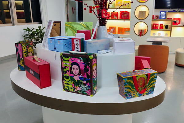 Packaging factory showroom in China with branded box samples